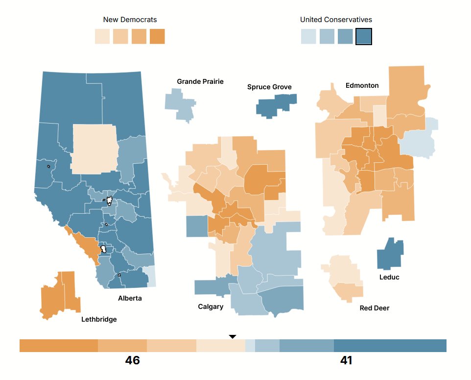 CanadianPolling's tweet photo. Freebie map of that Ipsos Alberta poll

NDP: 46
UCP: 41 https://t.co/h4N09BGaK8