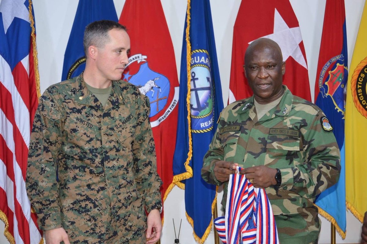 RGSLIB's tweet photo. .@liberiapp Today, June 10, 2026, Major General Davidson F. Forleh, held a farewell ceremony at Headquarters AFL in honor of three United States military officers who rendered services with significant impact to the AFL for over two years.
The three honorees were Lt Col Darin Hunter, Maj Matthew Brown and Maj Samuel Winsted assigned at the US Embassy in Monrovia.
There was exchange of gifts during the ceremony. 
Pictorial of the farewell ceremony.

ARMED FORCES OF LIBERIA 
" A FORCE FOR GOOD"

—AFL | https://t.co/YadOliLkEC