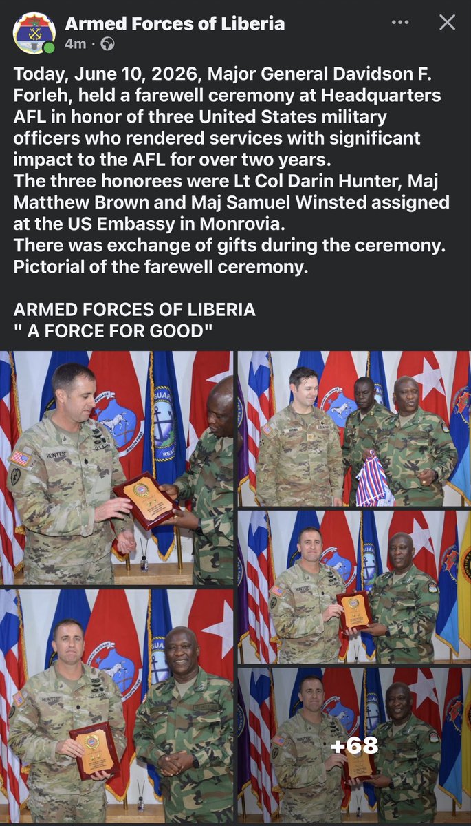 RGSLIB's tweet photo. .@liberiapp Today, June 10, 2026, Major General Davidson F. Forleh, held a farewell ceremony at Headquarters AFL in honor of three United States military officers who rendered services with significant impact to the AFL for over two years.
The three honorees were Lt Col Darin Hunter, Maj Matthew Brown and Maj Samuel Winsted assigned at the US Embassy in Monrovia.
There was exchange of gifts during the ceremony. 
Pictorial of the farewell ceremony.

ARMED FORCES OF LIBERIA 
" A FORCE FOR GOOD"

—AFL | https://t.co/YadOliLkEC