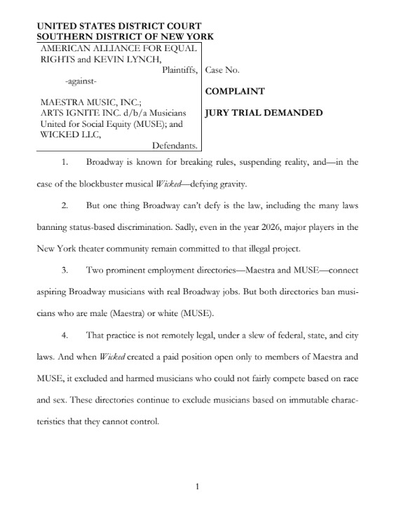 libsoftiktok's tweet photo. JUST IN: Broadway's "Wicked” and two employment nonprofits are being SUED for discrimination after they allegedly banned White male musicians from utilizing their services. https://t.co/TB3V4iWapw
