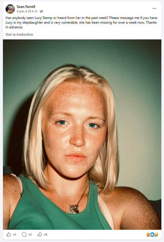 CerfiaFR's tweet photo. 🇫🇷🇬🇧 FLASH | Lucy Stemp, une Britannique de 28 ans, est portée DISPARUE à Paris depuis le 30 mai au soir, lors de la finale de la Ligue des champions.

Membre d’un mouvement proche du collectif identitaire féministe Némésis, elle a été localisée pour la dernière fois dans le quartier de Bercy. Décrite comme « très vulnérable » par ses proches, elle n’a plus donné signe de vie depuis. (Le Figaro)