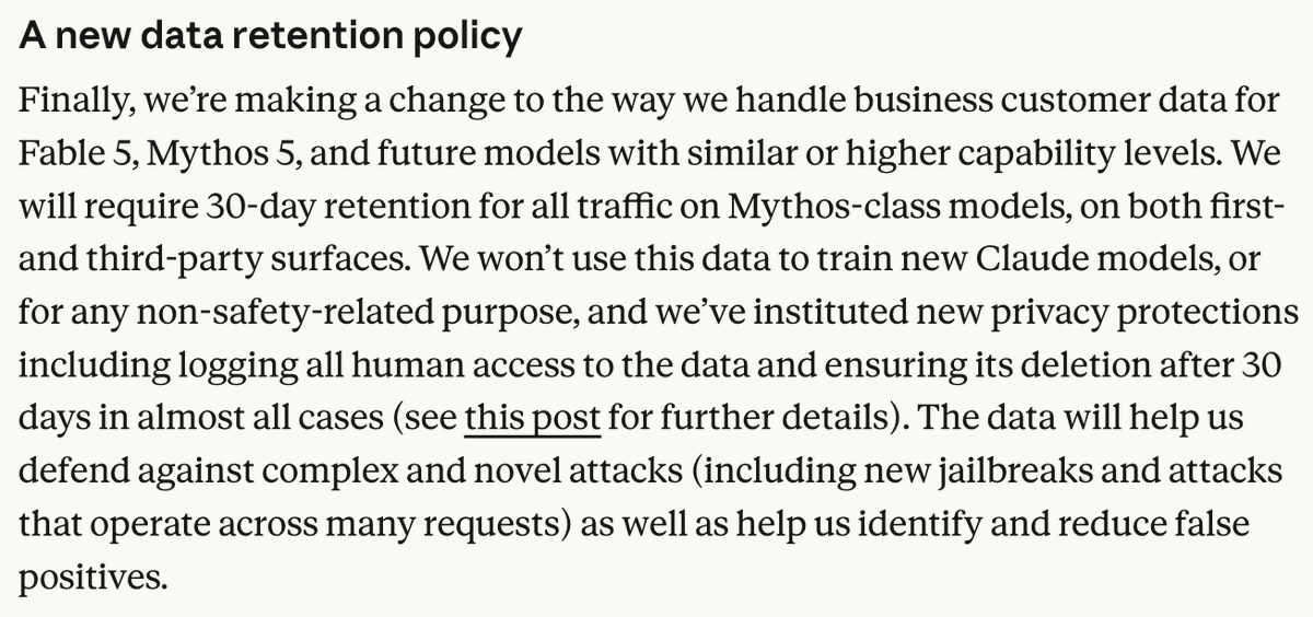 jack_newton's tweet photo. Anthropic's new data retention policy for Fable and other Mythos-grade models is a non-starter for many law firm use cases. 

Hopefully this policy is re-evaluated as I see it being a major obstacle to legal industry adoption of an incredibly powerful model. https://t.co/gOYYxguVr0
