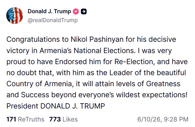 HovhanNaz's tweet photo. Trump congratulates Pashinyan https://t.co/3gAr3MpURF