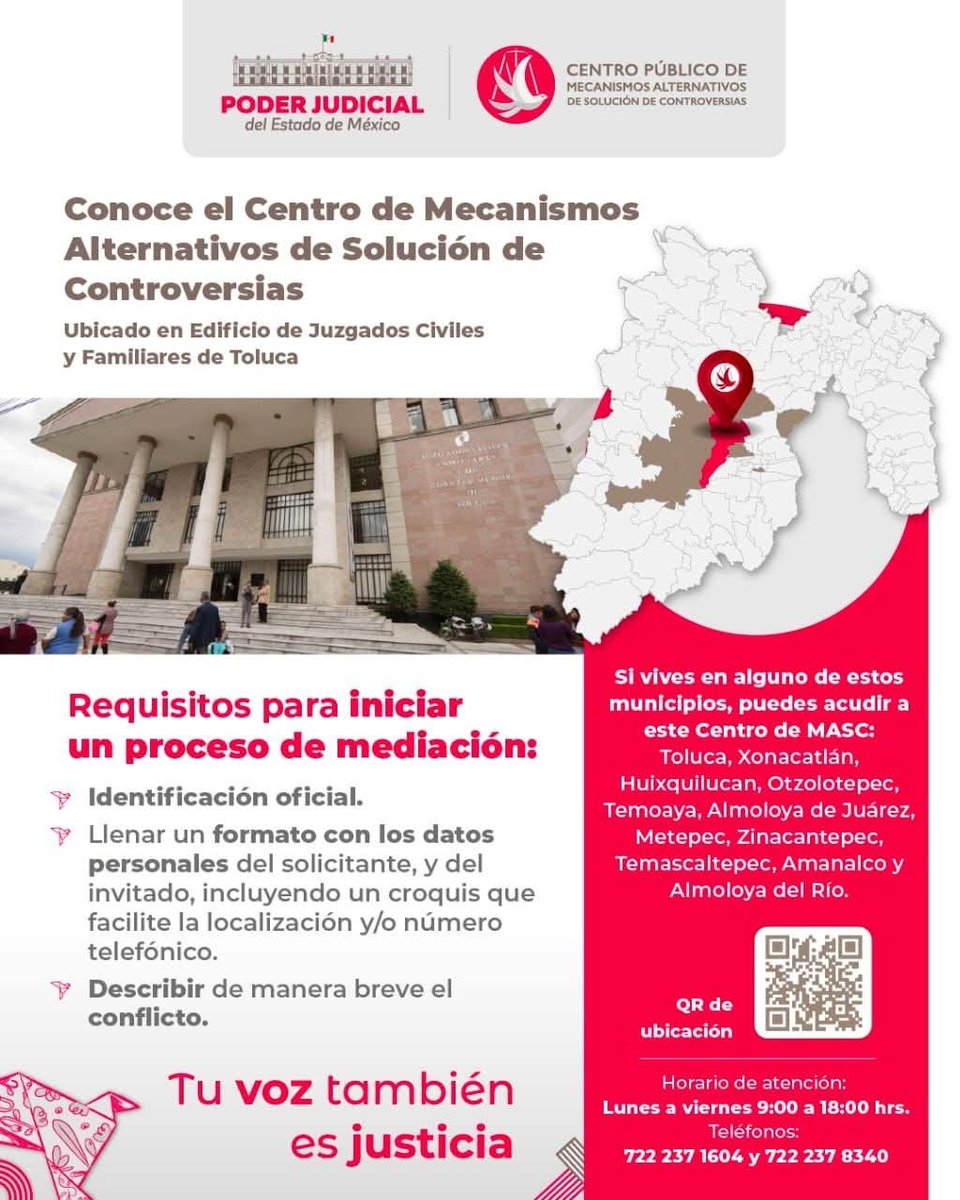 BlancaColSa's tweet photo. Si vives en Toluca, Metepec, Zinacantepec, Almoloya de Juárez, Xonacatlán, Huixquilucan, Otzolotepec, Temoaya, Temascaltepec, Amanalco o Almoloya del Río, el Centro de Mecanismos Alternativos de Solución de Controversias de Toluca es tu mejor aliado.
 #tuvoztambienesjusticia https://t.co/iBpATzwCsi