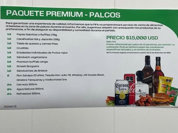 DeaFlourishment's tweet photo. Precios de paquetitos de alimento en los palcos del Estadio Azteca. 

Básico: $183,661.84 MXN + IVA
Premium: $260,883.30 MXN + IVA

El sentido común se vende por separado. https://t.co/IRuGBj0uEO