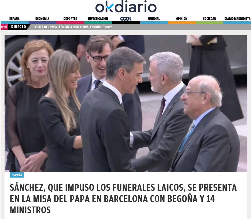 NNonada's tweet photo. P.S., que 'inventó' los funerales laicos, se presenta en la misa del Papa en Barna con Begoña y 14 ministros, tras negarse a asistir a ceremonias católicas como 
►funeral por de la pandemia Covid (130.000 muertos)
►por las victimas de la DANA (230)
►tragedia trenes Adamuz (46) https://t.co/Ohk7tS7UD6