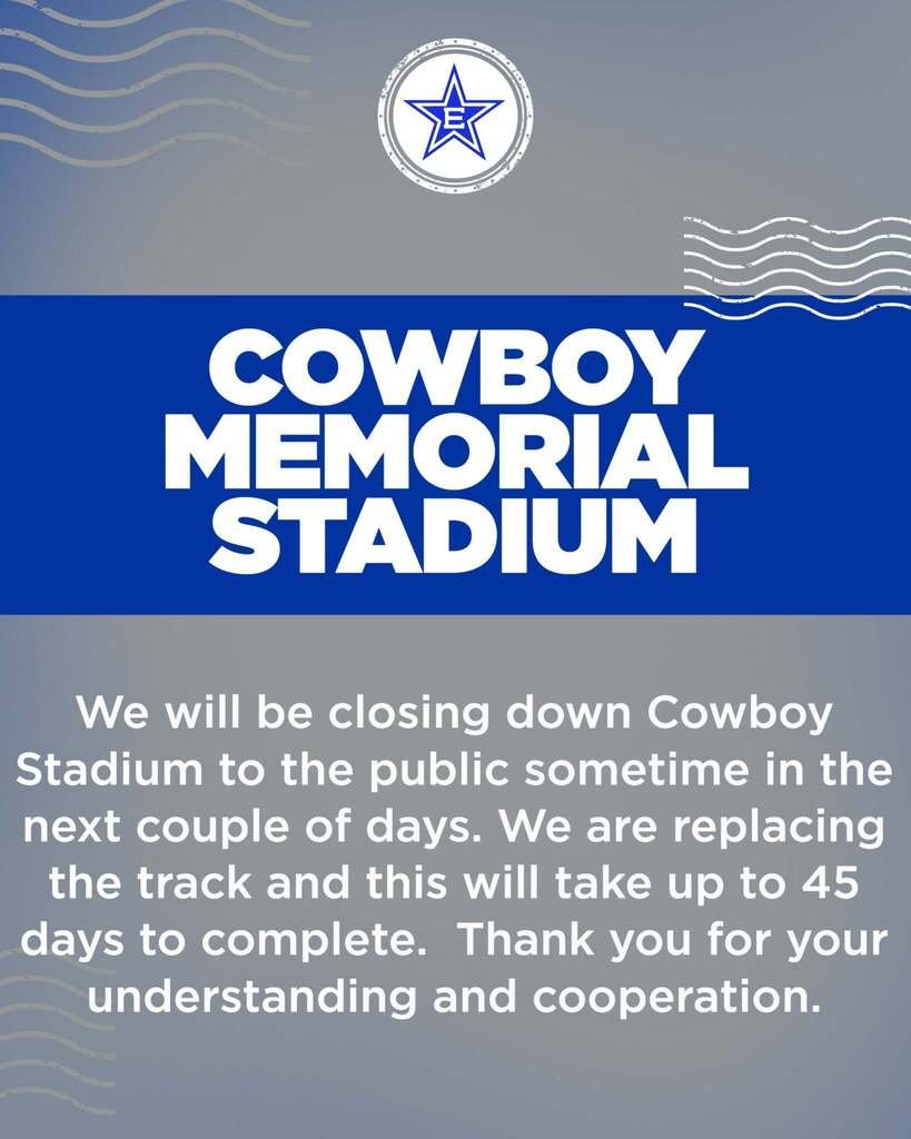 RideforEISD's tweet photo. We are about to begin the process of replacing the track here at Cowboy Memorial Stadium. The company should arrive in Edna any day now. We will have to close down the stadium to the public while the construction is going on. Thank you for your understanding &amp; cooperation. https://t.co/E9EDC7lfkI