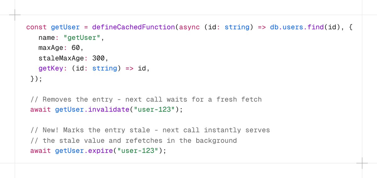 _pi0_'s tweet photo. unjs/ocache now supports .expire() on cached functions and handlers 🕰️ (available in Nitro v3!)   

Unlike .invalidate(), it marks the entry stale without evicting it. The cached value keeps being served while a fresh one is fetched in the background.   

Cool idea by @Atinux