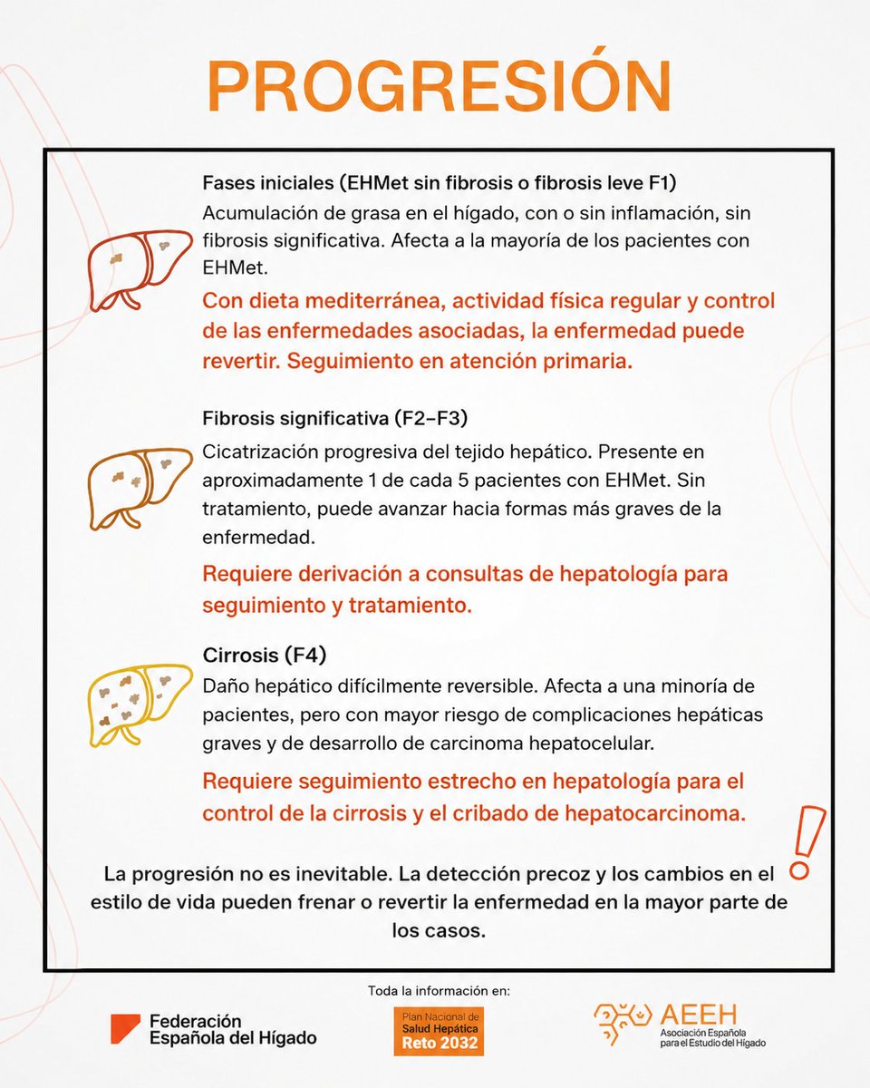AEEHLiver's tweet photo. 🌏Hoy 11 de Junio es el #DíaMundialdelHígadoGraso.
📢El lema de nuestra campaña este año junto con la @fehigado es "La prevención empieza con la información":⬇️⬇️

‼️La esteatosis hepática metabólica es una de las enfermedades hepáticas más frecuentes, pero también una de las más prevenibles. 
🧡 1 de cada 3 personas puede padecerla. 
🧡 Puede afectar a adultos, jóvenes y también a niños. 
🧡 Los factores de riesgo metabólico importan, pero los hábitos saludables marcan la diferencia. 
🧡 Con dieta mediterránea, actividad física regular y control de las enfermedades asociadas, la EHMET se puede revertir en la mayoría de los casos.
🧡 La detección precoz evita complicaciones y protege tu salud hepática a largo plazo.

✅¡La información es el primer paso para detectar a tiempo, actuar y evitar que la enfermedad progrese!