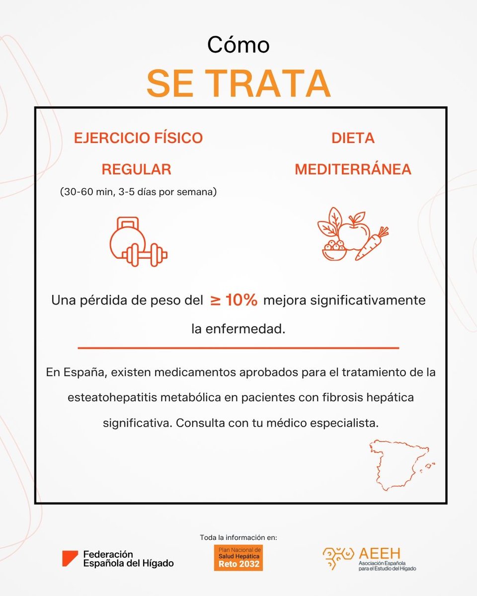 AEEHLiver's tweet photo. 🌏Hoy 11 de Junio es el #DíaMundialdelHígadoGraso.
📢El lema de nuestra campaña este año junto con la @fehigado es "La prevención empieza con la información":⬇️⬇️

‼️La esteatosis hepática metabólica es una de las enfermedades hepáticas más frecuentes, pero también una de las más prevenibles. 
🧡 1 de cada 3 personas puede padecerla. 
🧡 Puede afectar a adultos, jóvenes y también a niños. 
🧡 Los factores de riesgo metabólico importan, pero los hábitos saludables marcan la diferencia. 
🧡 Con dieta mediterránea, actividad física regular y control de las enfermedades asociadas, la EHMET se puede revertir en la mayoría de los casos.
🧡 La detección precoz evita complicaciones y protege tu salud hepática a largo plazo.

✅¡La información es el primer paso para detectar a tiempo, actuar y evitar que la enfermedad progrese!