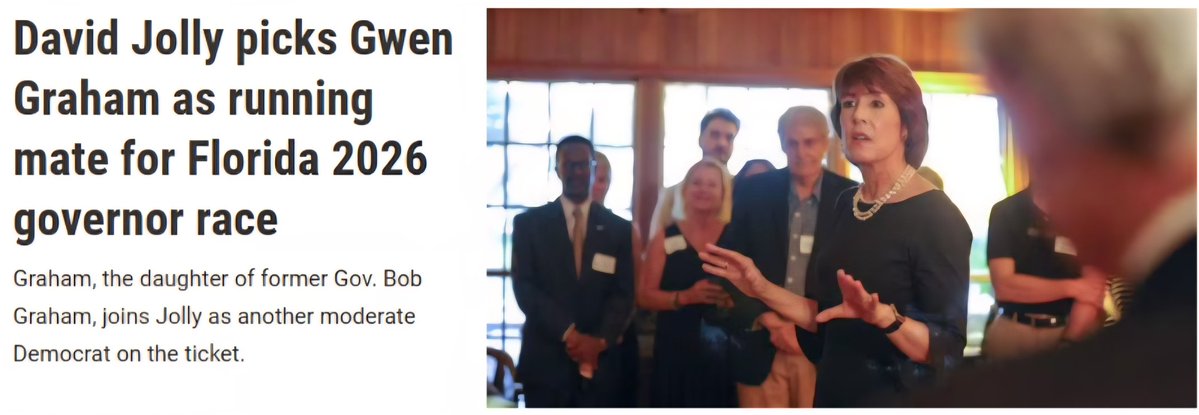 RealBookerScott's tweet photo. Democrats are quietly putting together a formidable team to run for Governor. David Jolly was a Republican who sat in Anna Paulina Luna's seat from 2014-2017, but flipped to Democrat a year ago. He has chosen the daughter of former Florida Governor and US Senator Bob Graham as a running mate. A recent poll had Jolly ahead of Byron Donalds, head to head, by 2%. The Dems have chosen moderate candidates to challenge.