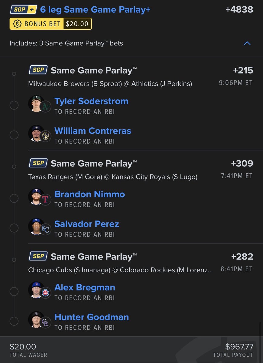 ThisGirlBetz's tweet photo. ⭐️PARLAY OF THE DAY⭐️
#MLB

$50 to two people when this cashes.
Just interact with this post.

6x RBI +4840

⚾️T.Soderstrom
⚾️W.Contreras
⚾️B.Nimmo 
⚾️S.Perez
⚾️A.Bergman
⚾️H.Goodman

🍀LIKE + RT🍀 if you are tailing !

#Gambling𝕏 https://t.co/zFz35ZMmJh
