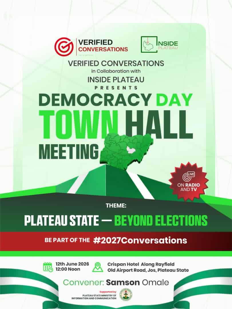 Henrysimonumar's tweet photo. Verified Conversations and Inside Plateau present the Democracy Day Town Hall Meeting, scheduled for the 12th of June at 12:00 PM at Crispan Hotel. This event will feature discussions aimed at holding the government accountable, providing insights directly from government representatives to the public. 

This event is sponsored by the Plateau State Ministry of Information and Communication.