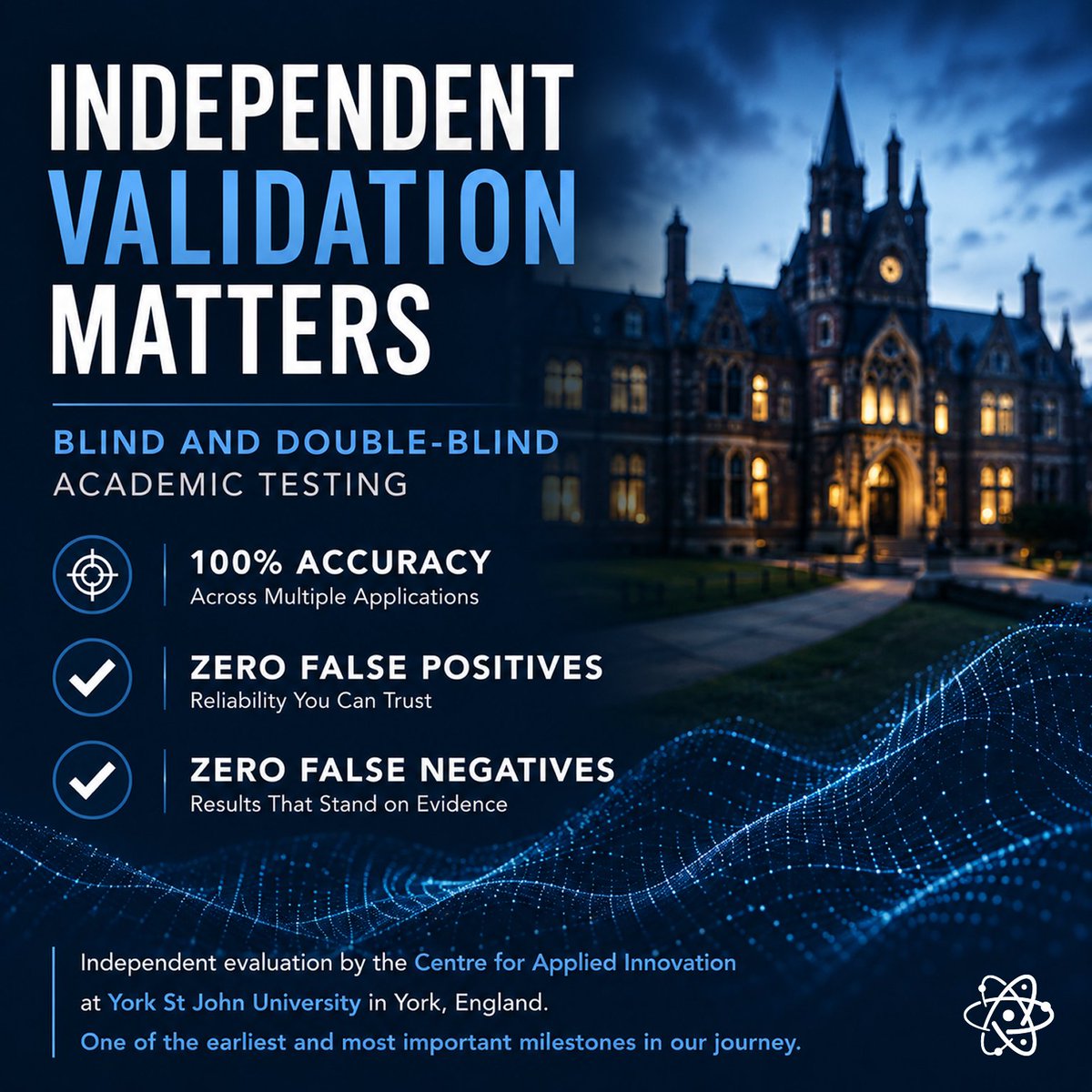 BaseMolecular's tweet photo. Breakthrough discoveries are not validated internally.
They are validated through independent scrutiny.

Nearly two years after a landmark third-party study conducted by the Centre for Applied Innovation at York St John University in York, England, the significance of those results continues to resonate.

Led by Professor Philippe B. Wilson, PhD, the independent evaluation included blind and double-blind testing across multiple applications and demonstrated:
- 100% accuracy
- Zero false positives
- Zero false negatives

The study confirmed the ability of Base Molecular Resonance™ technology to identify materials and biological substances through a safe, non-invasive process, establishing one of the earliest and most important milestones in the continued development of the technology.

Reflecting on the study, Professor Philippe B. Wilson, PhD, stated:

“Having assessed and evaluated BMRT’s technology, it is clear to me that I have never seen anything quite like it. Indeed, breakthrough technologies which can support every aspect of society are few and far between, leading to multinational success and Nobel prize-worthy impact.”

— Professor Philippe B. Wilson, PhD Associate Pro Vice-Chancellor for Innovation and Knowledge Exchange, and Director of the Centre for Applied Innovation at York St John University in York, England. He also serves as the President-Elect of the Comparative Medicine Council at The Royal Society of Medicine.

Scientific breakthroughs are strengthened when results withstand independent examination.

And credibility grows when evidence is allowed to speak for itself.

Read more:
https://t.co/kKQpC2q8ub
Learn more at https://t.co/dSoffgJnbz

#BMRT #QuantumTechnology #ScientificValidation #Innovation #DeepTech #NationalSecurity #MedicalInnovation #DetectionTechnology