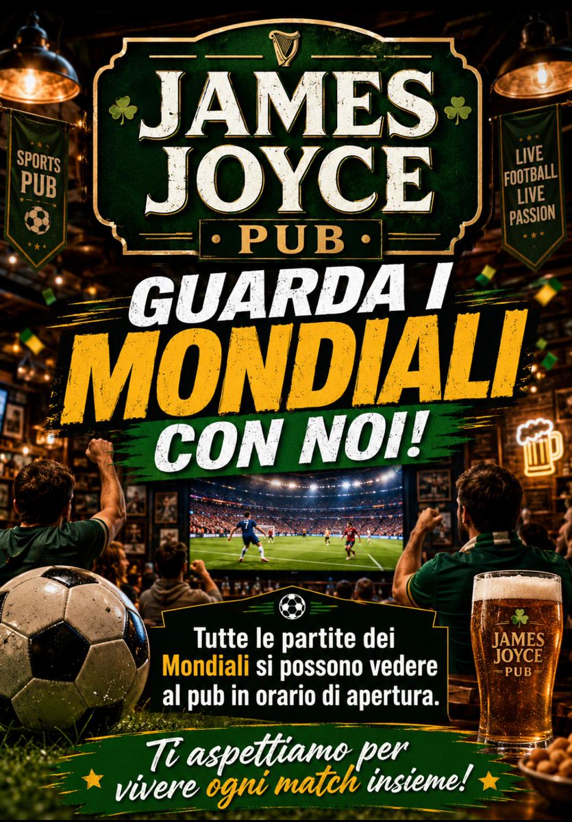 linopensato's tweet photo. ⚽ I Mondiali si guardano meglio insieme, con una birra in mano e l’atmosfera giusta intorno. 🍻

Al James Joyce Pub puoi vedere tutte le partite dei Mondiali durante i nostri orari di apertura.

Porta gli amici, scegli il tuo tavolo e preparati a tifare. https://t.co/0uuMbapPx3