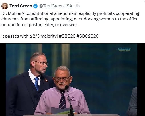 DawnLSutherland's tweet photo. Tolkien inspired and written in response to the constitutional amendment vote that occurred at the Southern Baptist Convention's (SBC) Annual meeting today (06/10/2026) The action wasn't just a title prohibition... "affirm, appoint, or endorse a woman serving in the office or function of a pastor/elder/overseer, specifically preaching to the assembled congregation."