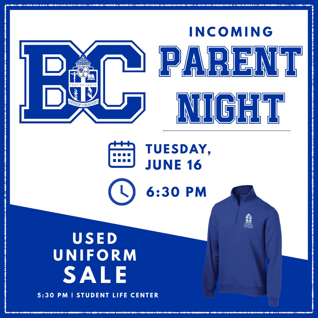 BishopChatardHS's tweet photo. Incoming freshmen &amp; transfer parents! 

Please join  BCHS school leaders on June 16 at 6:30 PM in the Varsity Gym.

Learn about academics, student life, uniforms, technology, activities, and more as you prepare for the transition to Bishop Chatard.

We can't wait to welcome you! https://t.co/a7neZ1oibe