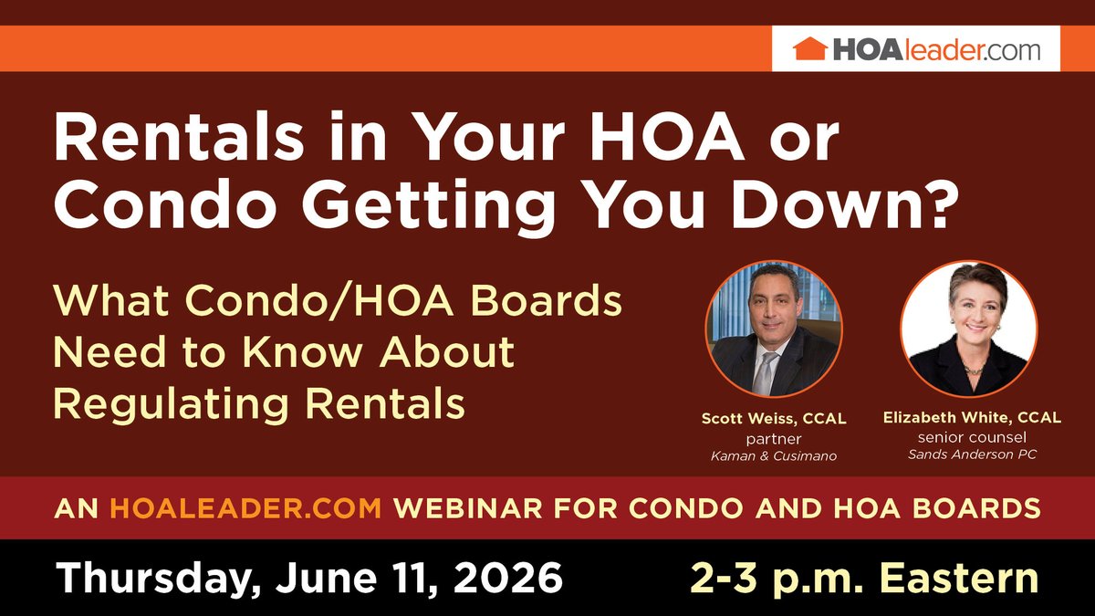 HOAleader's tweet photo. #Rentals can create some of the toughest challenges for condo &amp; HOA boards. Join us for a new #webinar tomorrow, June 11 to explore rental restrictions and learn how to build rules that are both reasonable and enforceable.

Learn more: https://t.co/KTBDAWpmqp

#HOA #HOAManagement https://t.co/T6rVD6pio3