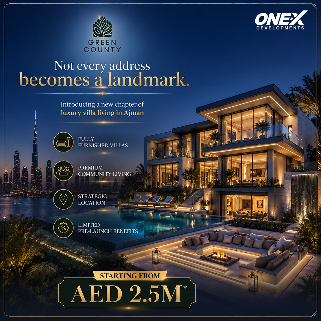onexdevelopment's tweet photo. Not every address becomes a landmark. Green County by ONEX Developments introduces a new chapter of luxury villa living in Ajman.
✔ Fully furnished villas
✔ Premium community living
✔ Limited pre-launch benefits

Starting from AED 2.5M*
.
.
#GreenCounty #ONEXDevelopments https://t.co/f8EwbQSNW6