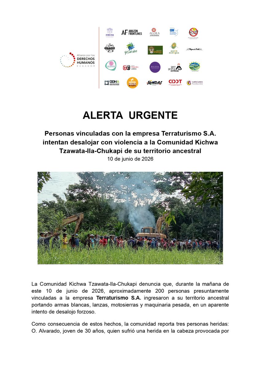 DDHH_Alianza's tweet photo. ➡️Exigíamos a las autoridades competentes la adopción inmediata de medidas efectivas para proteger la vida, la integridad personal y la seguridad de las familias de la Comunidad Kichwa Tzawata-lla-Chukapi. https://t.co/7SDrodEsEW