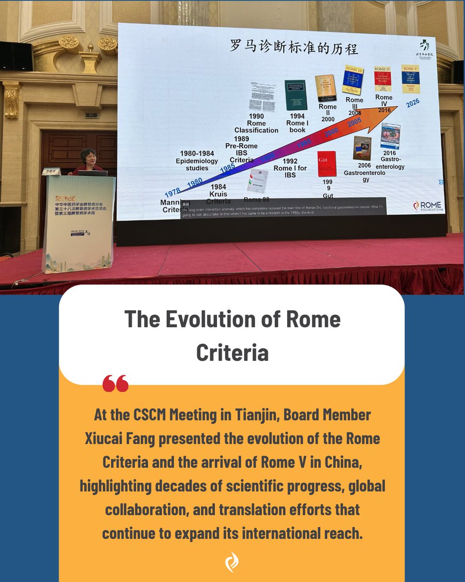 RomeFoundation's tweet photo. It was a full house at the CSCM Meeting in Tianjin!🇨🇳 Rome Foundation Board Member Xiucai Fang presented on the evolution of the Rome Criteria, tracing decades of scientific advancement from the earliest foundations through the release of Rome V in 2026. https://t.co/qQOpcwVRMS