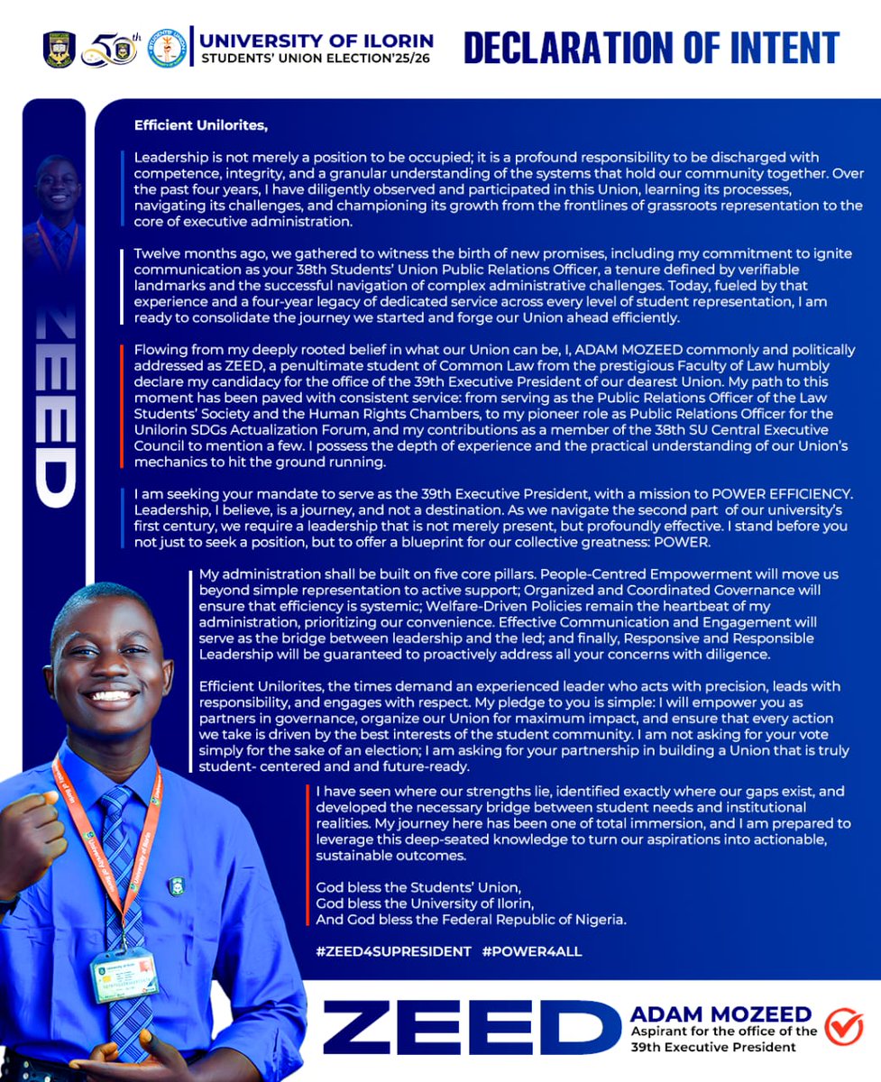 Dr_Chomicay's tweet photo. The political landscape of the University of Ilorin is gradually taking shape, with two aspirants officially declaring their intention to contest for the office of the 39th Student Union.
@TheAdamMozeed @Iam_TheMonarch 

Best of luck to both aspirants https://t.co/UlnuQLJOIW