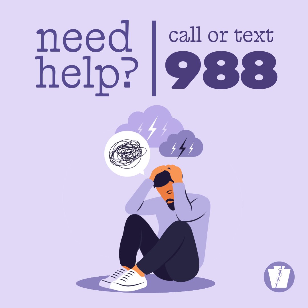 Person sitting on the ground holding their head with storm clouds and a scribble symbolizing distress above, with text urging to call or text 988 for help.