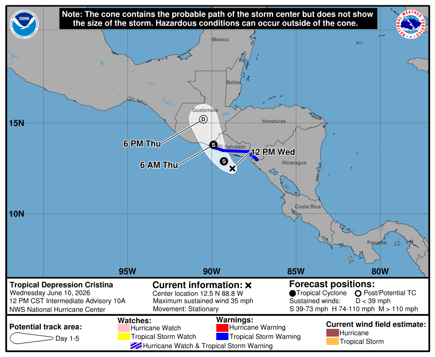 atlanticstorms's tweet photo. #TROPICALDEPRESSIONCristina [Wind Decr:Type Change:Heading Change:Speed Incr] Heading at @ mph mph. Wind @ 35 mph. Location N:12.5 W:-88.8 #Hurricane #Cristina $WERLD https://t.co/1wKmMID8dZ