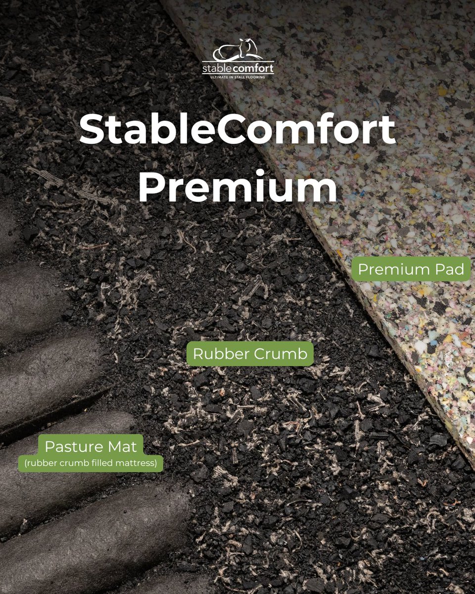 StableComfort's tweet photo. Looking to add layered comfort to your equine stalls? Unlike single-layer rubber flooring, our StableComfort Premium stall flooring features a five-layer system designed to deliver exceptional comfort — inspired by the natural feel and support of the pasture. https://t.co/vgawdXh2AI
