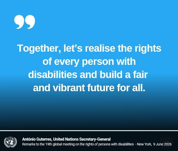 UNGeneva's tweet photo. Adopted in 2006, the #CRPD Convention has now been ratified by 192 countries.

Twenty years later, over 90% of countries have laws guaranteeing the rights of persons with disabilities. Yet, much more must be done, urges @antonioguterres.

https://t.co/aFjXALcQj2
#DisabilityRights https://t.co/OOmR9gb2js