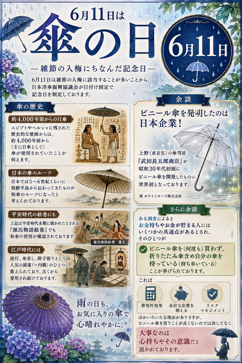 makky_canam's tweet photo. 🌱𝔾𝕠𝕠𝕕 𝕞𝕠𝕣𝕟𝕚𝕟𝕘🌱
いつも訪問ありがとうございます✨
2026.6.11（木）
東京都心は☁️のち☔️
17℃／25℃
降水確率10%（日中）
※2:00現在
   
【今日は】
・入梅【2026年】
・傘の日
・学校図書館の日
・日本初の銀行が設立された日...他。
※各詳細を画像にまとめているので参照下さい
　
『入梅（にゅうばい）』は、季節の移り変わりを表す『雑節』の1つ。
昔は『入梅』を梅雨入りの目安にしてたそう( ͜☔️ ･ω･) ͜☔️
　
また、『傘の日』は、梅雨入りの目安とされる『入梅』に因んで制定。
世界初の『ビニール傘』は、日本で生まれたらしい🌂‼️
　
更に、『学校図書館の日』は、1997年に『学校図書館法』の改正法が公布された事を記念して制定📚
　
最後に、『日本初の銀行が設立された日』は、1873年に日本初の銀行である 『国立第一銀行 』が設立された日。
現代の『みずほ銀行』らしい🏦💰
　
木曜日も、無理なく笑顔で過ごしましょう✨