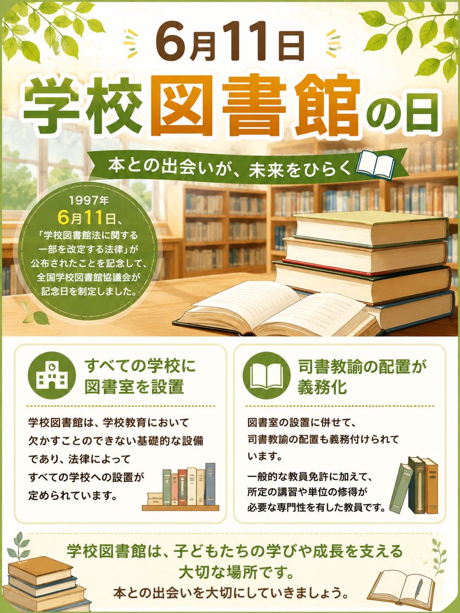 makky_canam's tweet photo. 🌱𝔾𝕠𝕠𝕕 𝕞𝕠𝕣𝕟𝕚𝕟𝕘🌱
いつも訪問ありがとうございます✨
2026.6.11（木）
東京都心は☁️のち☔️
17℃／25℃
降水確率10%（日中）
※2:00現在
   
【今日は】
・入梅【2026年】
・傘の日
・学校図書館の日
・日本初の銀行が設立された日...他。
※各詳細を画像にまとめているので参照下さい
　
『入梅（にゅうばい）』は、季節の移り変わりを表す『雑節』の1つ。
昔は『入梅』を梅雨入りの目安にしてたそう( ͜☔️ ･ω･) ͜☔️
　
また、『傘の日』は、梅雨入りの目安とされる『入梅』に因んで制定。
世界初の『ビニール傘』は、日本で生まれたらしい🌂‼️
　
更に、『学校図書館の日』は、1997年に『学校図書館法』の改正法が公布された事を記念して制定📚
　
最後に、『日本初の銀行が設立された日』は、1873年に日本初の銀行である 『国立第一銀行 』が設立された日。
現代の『みずほ銀行』らしい🏦💰
　
木曜日も、無理なく笑顔で過ごしましょう✨