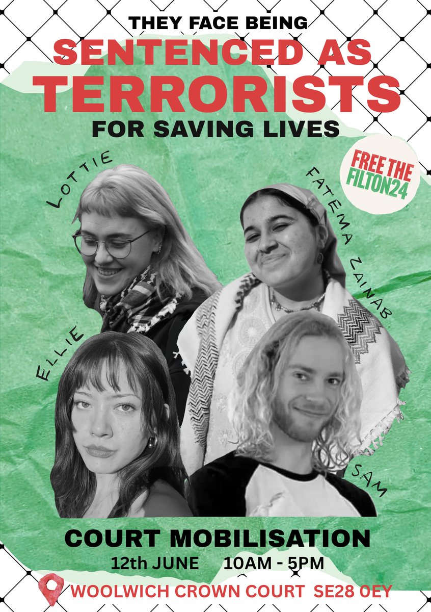 Diem25Ireland's tweet photo. Update from Free the Filton 25  https://t.co/LU3HosDvRk "We are a couple of days away from the sentencing of our loved ones Fatema Zainab, Ellie, Lottie and Sam on 12 June at Woolwich Crown Court.
Reminder: this is an unprecedented moment in UK history .." https://t.co/yg2VM6MYA1