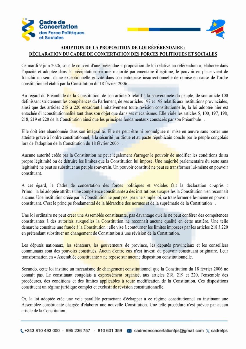 MichelMwika's tweet photo. ADOPTION DE LA LOI RÉFÉRENDAIRE PAR LE PARLEMENT : Le @cadrefps appelle l’ensemble du peuple congolais à une vigilance citoyenne accrue ainsi qu’à une mobilisation républicaine, pacifique et résolue pour faire échec à la tentative subversive de Félix TSHISEKEDI... 

DÉCLARATION⤵️ https://t.co/OaVlhoa6T0