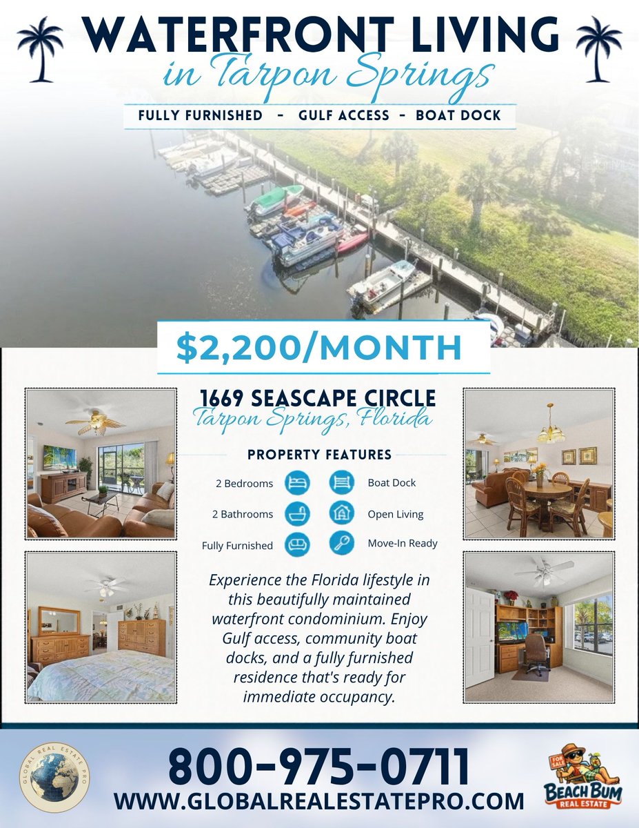 GlobalRealPro's tweet photo. Loving the warm weather lately? Why not make it a year-round lifestyle? ☀️ 

This fully furnished 2-bed, 2-bath unit offers Gulf access, boat docks, and the laid-back lifestyle you want.

📍 1669 Seascape Circle, Tarpon Springs, FL

📞 800-975-0711
🌐 https://t.co/iMivyuPdq1 https://t.co/bky7IzNubs