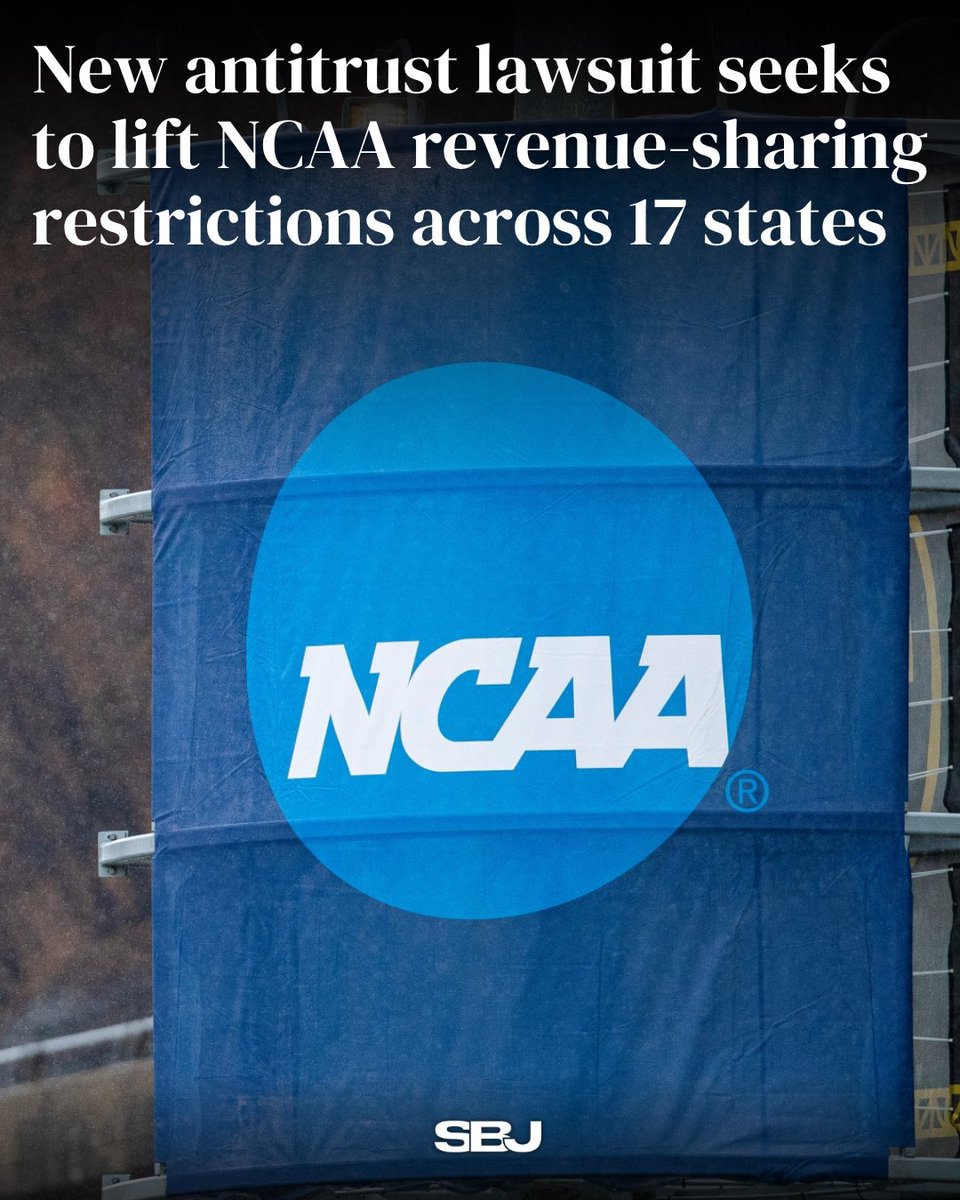 SBJ's tweet photo. A new antitrust lawsuit against the NCAA seeks to lift revenue-sharing restrictions in 17 states, arguing the $20.5M cap established under the House settlement violates state NIL laws. 

The suit names the NCAA, Power Four conferences and the College Sports Commission as defendants, per @USATODAY.

MORE: https://t.co/V6i9PaZ58a