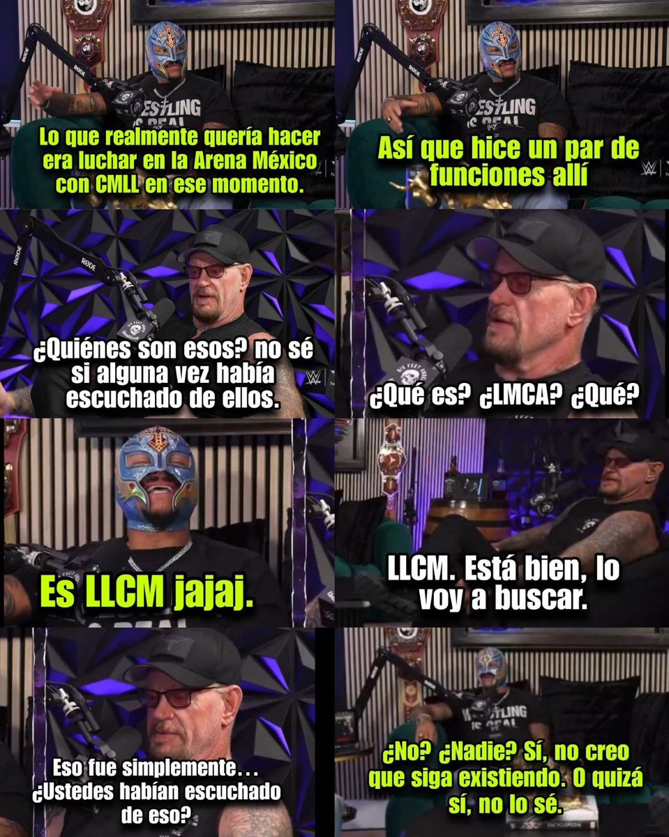 ElDanyBoss's tweet photo. A las viudas no les gustará esto.

Rey Mysterio y Undertaker bromearon sobre el CMLL e hicieron como si no lo conocieran. Obviamente, si ven el podcast, fue en un momento de camaradería, haciendo como si no supieran de la competencia. 😆

Se viene el ardor. 🤣 https://t.co/Du93yTYnA0
