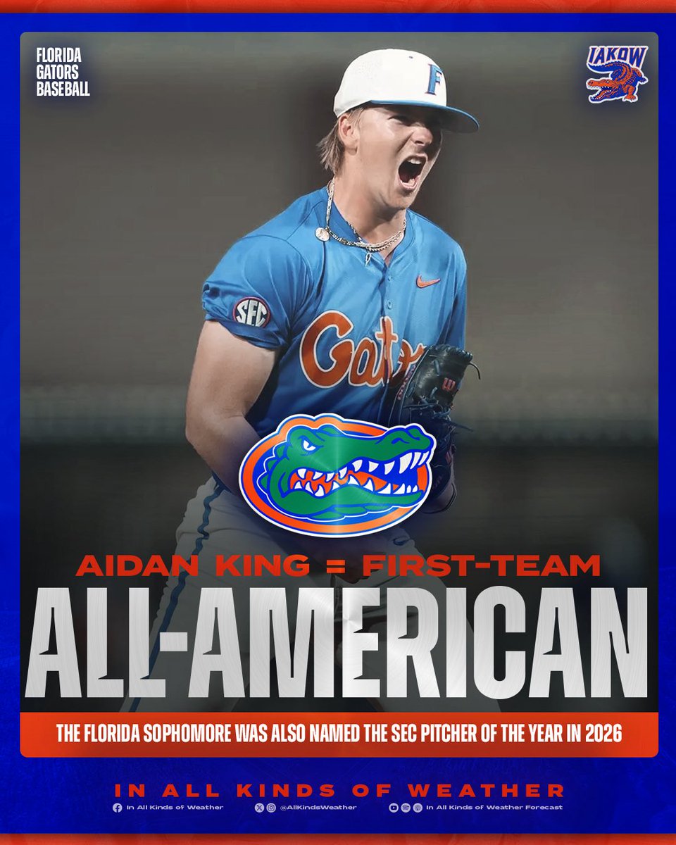 AllKindsWeather's tweet photo. ANOTHER CROWN FOR THE KING 👑 

#Gators pitcher Aidan King has been named a First-Team All-American by the NCBWA ✨

He was also named the 2026 SEC Pitcher of the Year. https://t.co/taZsChS1E4