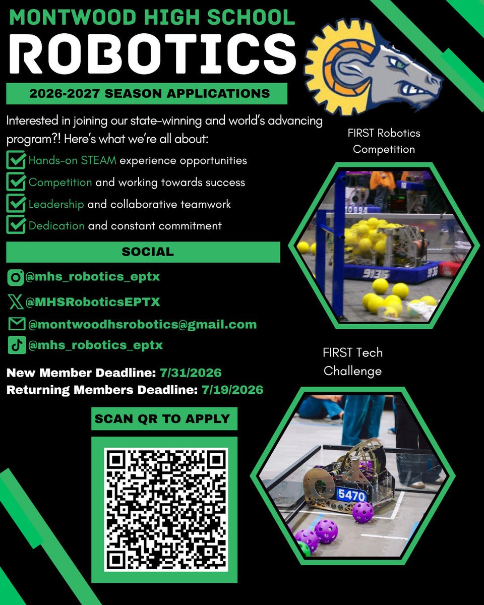 MHSRoboticsEPTX's tweet photo. βοΈ2026-2027 Robotics Member applications!βοΈ
Montwood High School Robotics is now accepting applications for the upcoming school year. If you attend MHS and are interested in Science, Technology, Engineering, Art, and/or Math, consider applying today!
#TeamSISD #FIRSTinTEXAS https://t.co/OBQPS1CjIt