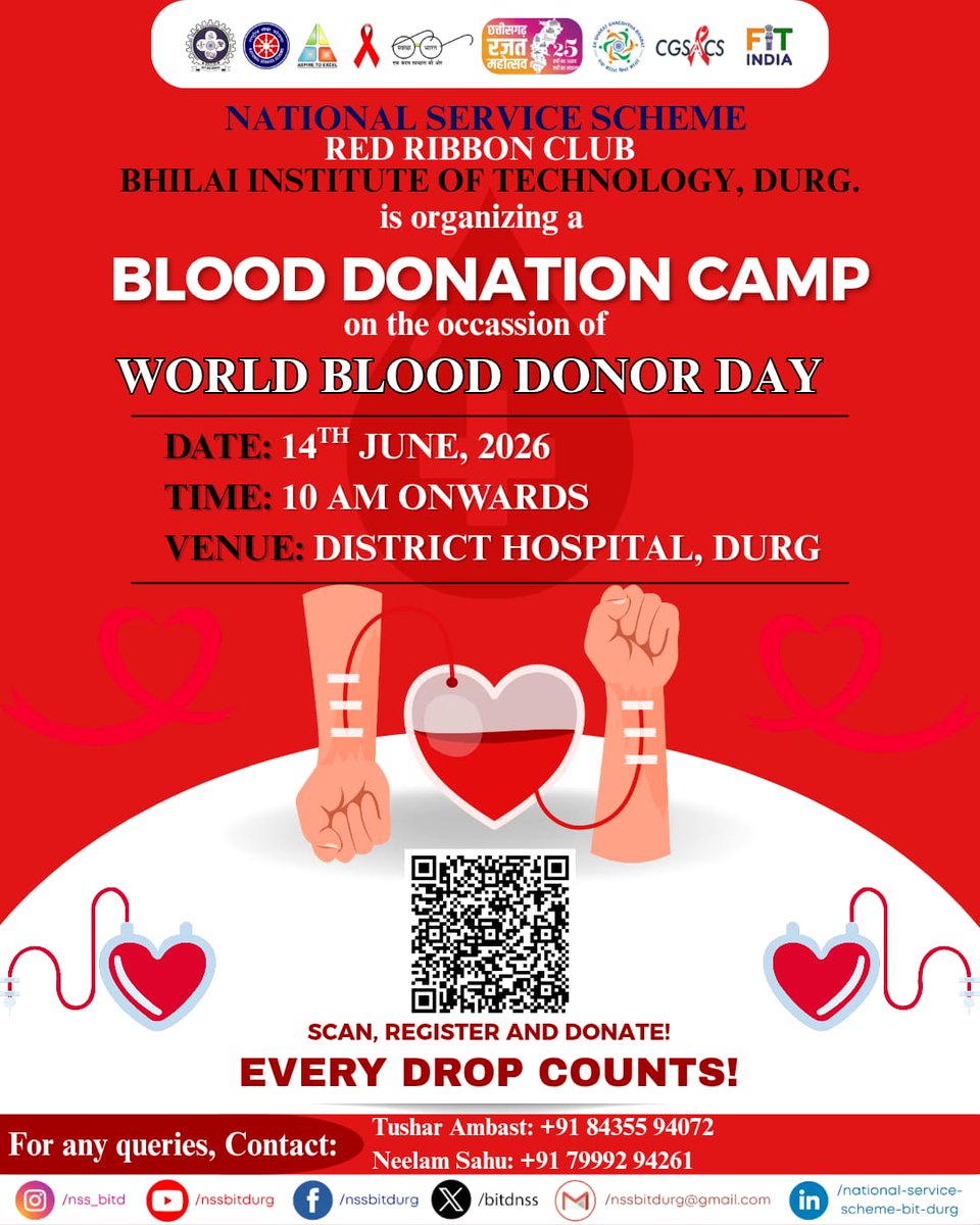 BitdNss's tweet photo. 🩸 " *Every blood donor is a lifesaver. Be the reason for someone's heartbeat today.* " 🩸
​On the occasion of *World Blood Donor Day* , *the Red Ribbon Club of NSS, BIT Durg* is hosting a Blood Donation Camp to help those in need. https://t.co/3D5UROem9r