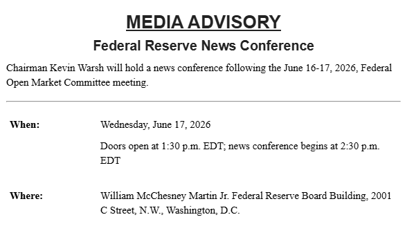 NickTimiraos's tweet photo. The Fed chairman will have the 2:30 pm press conference after next week's FOMC meeting. https://t.co/iIU6qzA7Zb