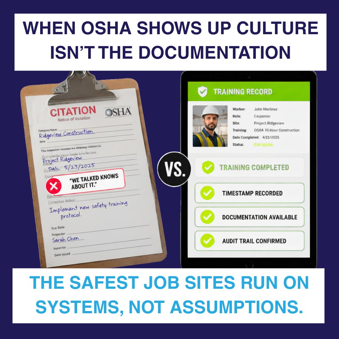 digitalchalk's tweet photo. The GCs with the best safety records didn't get there by caring more. They built a system. A 9-year study of 17,000 union carpenters proved it works — structured OSHA training cut injury rates by 13%. Intentions don't build safe job sites. Systems do. https://t.co/71z5NbXaAA https://t.co/5ZzSXbvByK