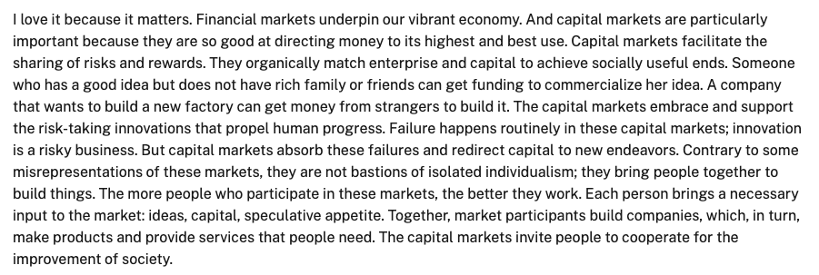 DominicJPino's tweet photo. Amazing description from Peirce of what capital markets do:

Allow strangers to work together to build the future. https://t.co/ddELabCrgy