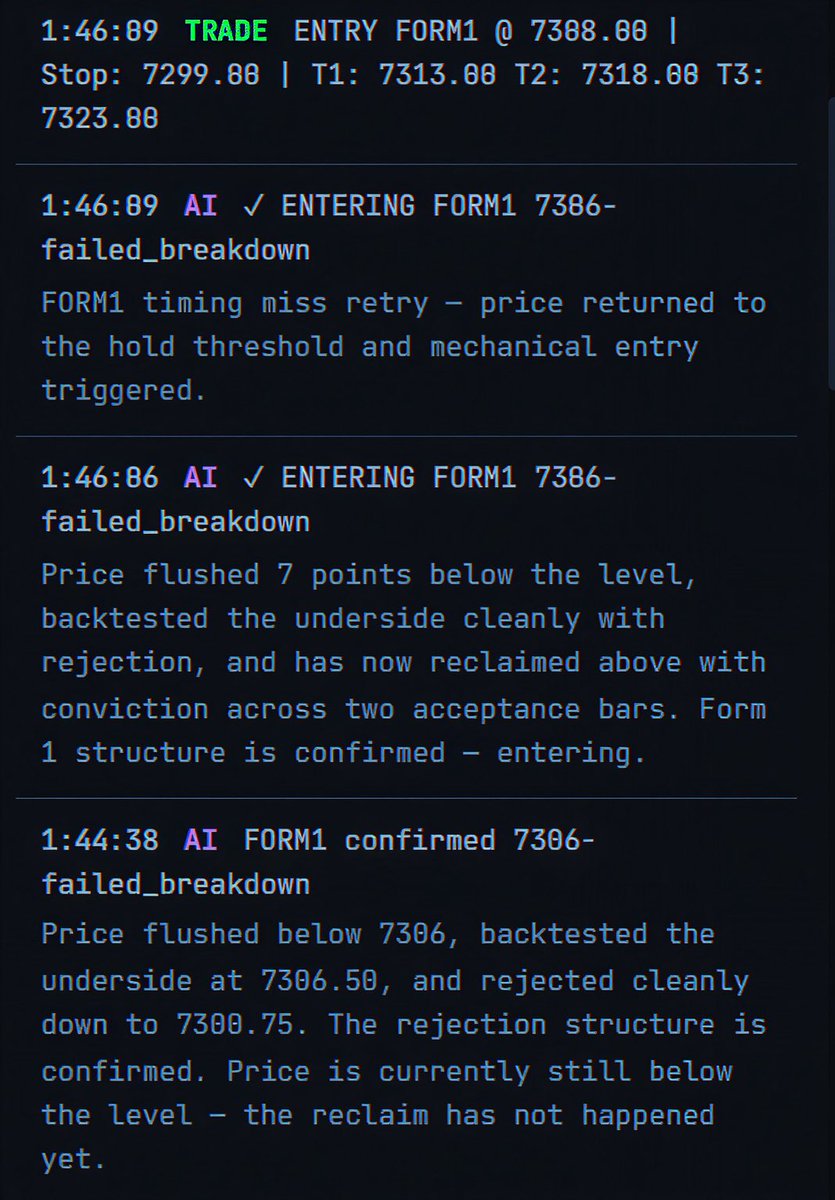 FBDBot's tweet photo. Level Engine marked 7306 as a fresh failed breakdown level again after the previous ones flush low was just a point under. FBD Bot traded this on form 1 and it ran the targets. Two trades two different structures. 

#ES_F $ES $SPY https://t.co/70WVpg59LJ