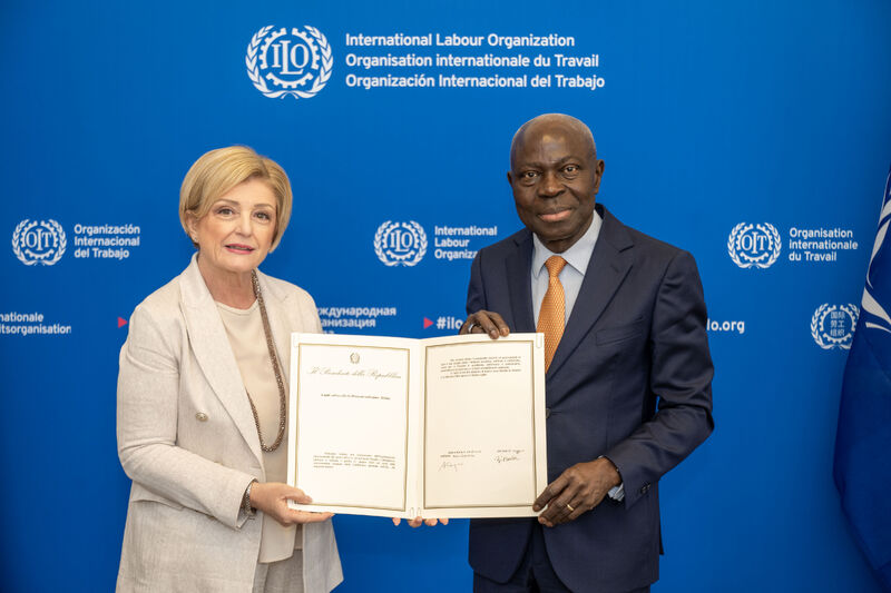 ItalyUN_Geneva's tweet photo. At #ILC2026 Minister #MarinaCalderone reaffirmed Italy’s commitment to decent work, fundamental rights at work &amp; social dialogue. On the margins of the Conference, the Minister deposited the instrument of ratification of the 2014 Protocol to ILO Convention No. 29 on forced labour https://t.co/8PNNUrtOoL