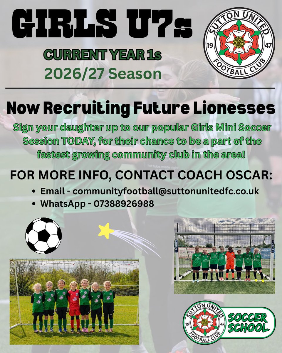 SuttonUtdFC's tweet photo. RECRUITING FUTURE LIONESSES 💫⚽️

All our players for our teams are recruited from our Tuesday Girls Mini Soccer Session - https://t.co/C9RcLzJyfI 🔗

Sign up for your FREE trial TODAY!

Contact Coach Oscar for more info:
📧 communityfootball@suttonunitedfc.co.uk
📞 07388926988 https://t.co/4EH5rkkP1a