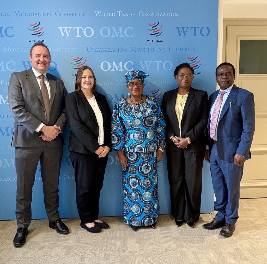 NOIweala's tweet photo. A visit from the Sanitation and Hygiene Fund @SHFund__ led by Board Chair Mrs Cecilia Akintomide and including Executive Director Mr Dominic O’Neill and Ms Suzan Coats, Deputy Executive Director. Great work with @wto Members and the World Customs Organization @WCO_OMD on trade-related measures for women’s hygiene products that would make these safer, more affordable, and more accessible to women worldwide.