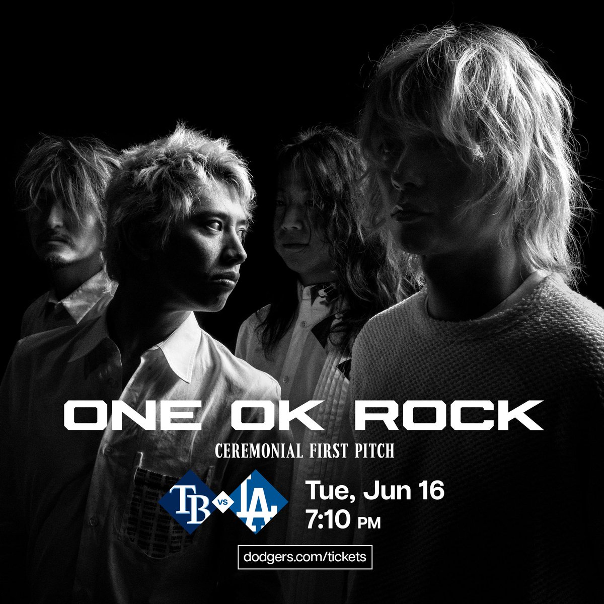 Dodgers's tweet photo. Taka from @ONEOKROCK_japan will be throwing out the ceremonial first pitch on 6/16! Get your tickets now at https://t.co/DZQkfNepSL. https://t.co/c3I72sO9yu