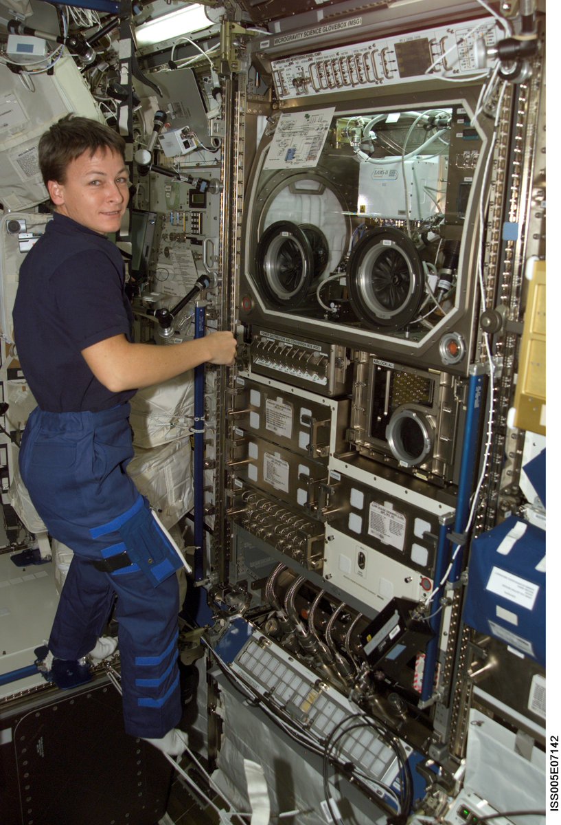 NASA astronaut Peggy Whitson smiles while floating beside the Microgravity Science Glovebox aboard the International Space Station, gripping a rack handle as she poses next to the tall, equipment-filled facility. The glovebox's enclosed work chamber and multiple hardware components are visible, with additional station racks and equipment filling the background.