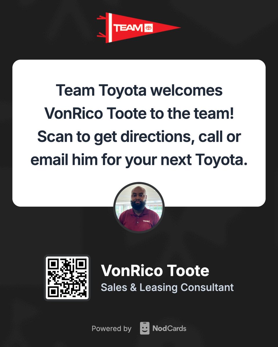nodcards's tweet photo. Most dealership staff have no digital presence. No card, no QR, no way for a customer to look them up after they leave the lot.

NodCards fixes that — and the Employee Update Card makes it easy to share news, welcome new hires, and keep your brand front and center.

@ToyotaLanghorne 

If your dealership has a team, they should all be on NodCards.

→ Get a custom quote at https://t.co/aVJrJnISnk 

#digitalmarketing #dealershiplife #carsales